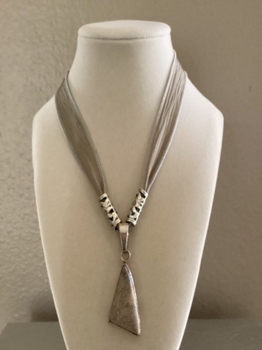 Silver stone pendant on gray ribbon necklace, adjustable, 21 inches